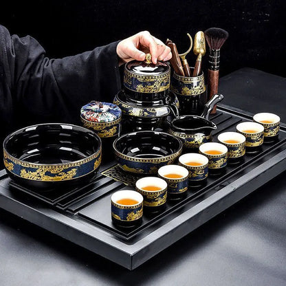 Black & Gold Automatic Gongfu Tea Set — Complete Lazy Teapot Setup for Home Use