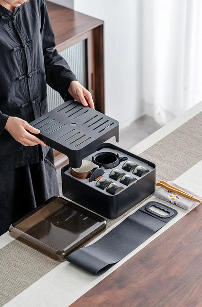 Black Ceramic Gongfu Tea Set — Complete Travel Set with Pot, Cups & Portable Storage Box