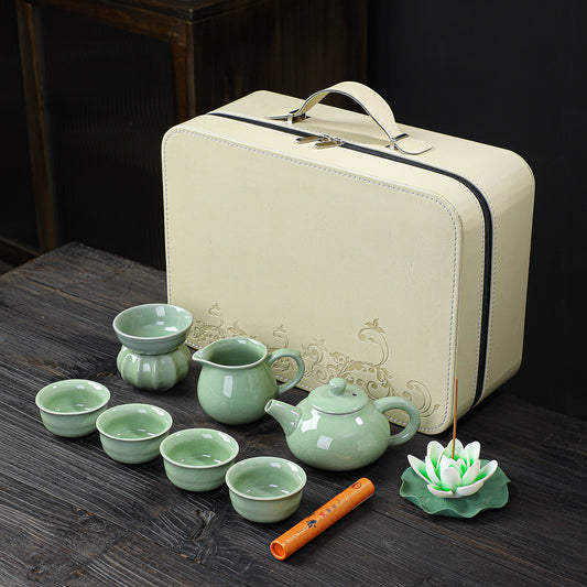 Ceramic Tea Set with Travel Case — Chinese Crackle Glaze Teapot & Cups Gift Box Set