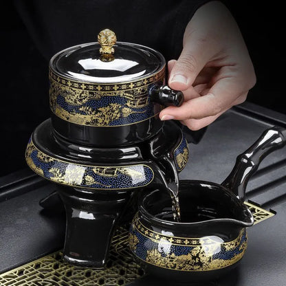 Black & Gold Automatic Gongfu Tea Set — Complete Lazy Teapot Setup for Home Use