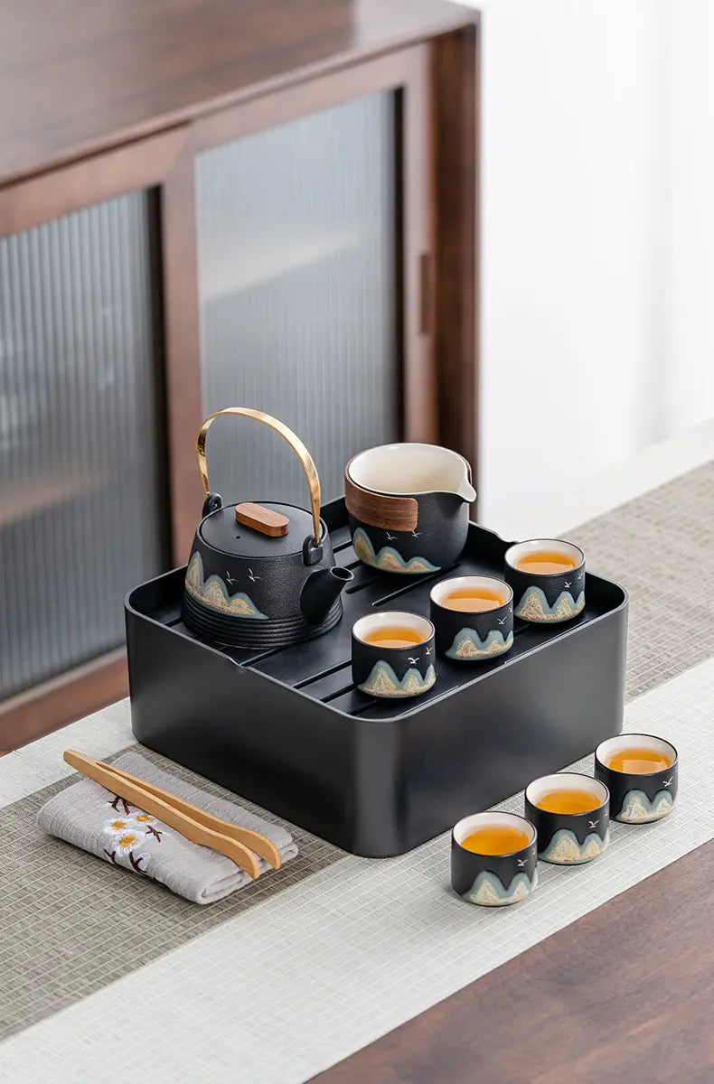 Black Ceramic Gongfu Tea Set — Complete Travel Set with Pot, Cups & Portable Storage Box