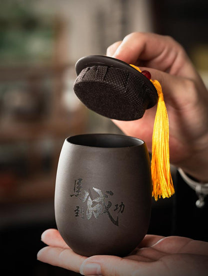 Artisan Purple Clay Tea Set — Handwritten Proverbs & Bamboo Tray for Mindful Brewing