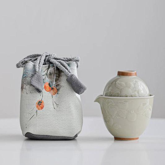 Persimmon — Vintage Travel Tea Set with 170ml Teapot, 2 Cups & Linen Carry Bag