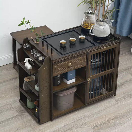 Movable Integrated Chinese Tea Cabinet — Stone Tray, Drawer & Multi-Shelf Storage on Wheels
