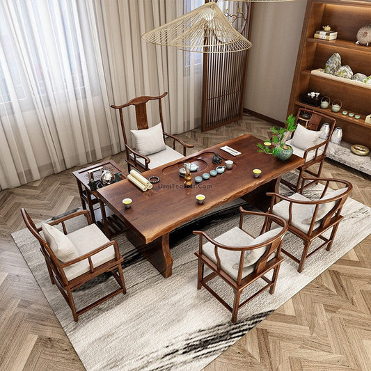 Solid Wood Chinese Gongfu Tea Table with Chairs — Complete Tea Room Furniture Set