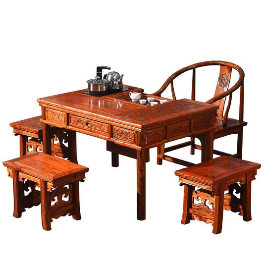 Chinese Vintage Gongfu Tea Table with Stools — Carved Hardwood Tea Room Set