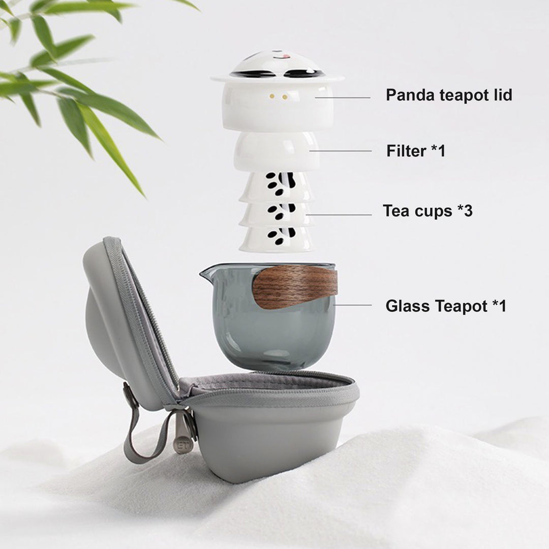 All-in-One Panda Travel Tea Set — Glass Teapot, 3 Cups & Travel Case