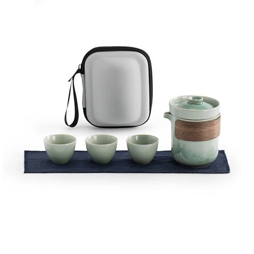 The Mountain and Sea — Personalized Travel Tea Set for Two, Celadon & Wood-Band Gaiwan