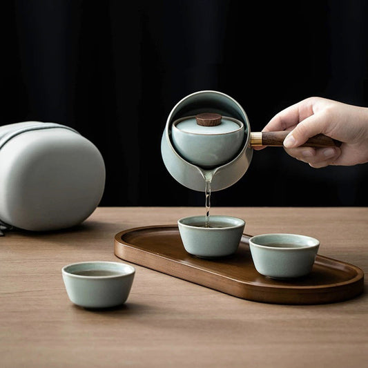 Ru Ware Travel Tea Set — 210ml Teapot with 360° Rotating Infuser & Walnut Wood Handle