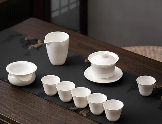 Complete Gaiwan Tea Set — 10-Piece White Porcelain with Fair Cup & 6 Tasting Cups for Home Use