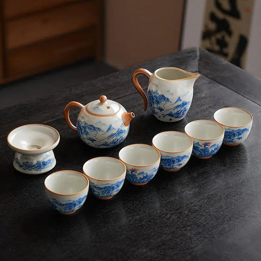 Hand-Painted Ru-Kiln Celadon Tea Set — Mountain & River Landscape Porcelain Gift