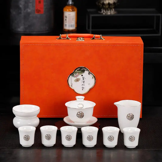 Dehua White Porcelain Gongfu Tea Set with Gift Box — Complete Ceramic Set for Home & Gifting