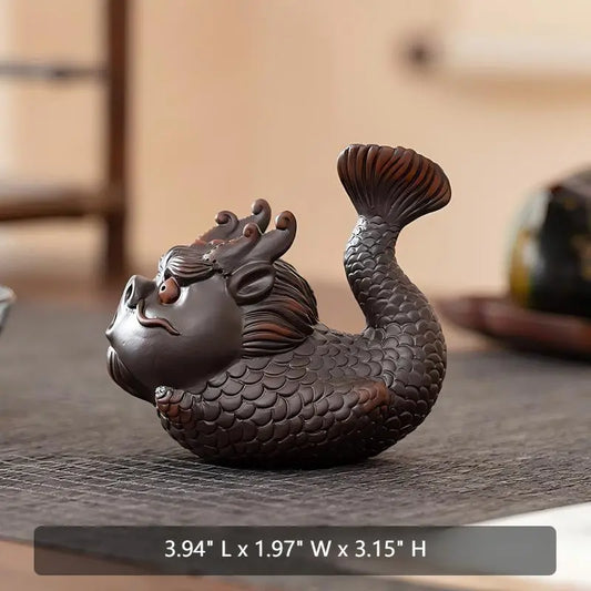 Bubble-Blowing Dragon Tea Pets — Handmade Purple Clay Figurines for Good Luck & Decor