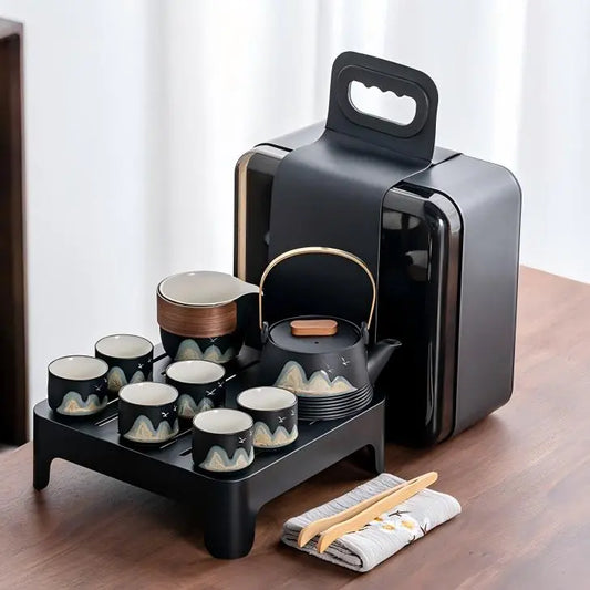 Black Ceramic Gongfu Tea Set — Complete Travel Set with Pot, Cups & Portable Storage Box