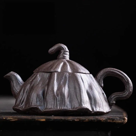 Hand-Carved Lotus Zisha Teapot — Purple Clay Lift-Handle Pot with Floral Design