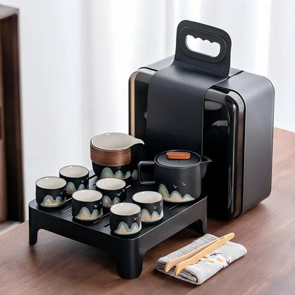 Black Ceramic Gongfu Tea Set — Complete Travel Set with Pot, Cups & Portable Storage Box