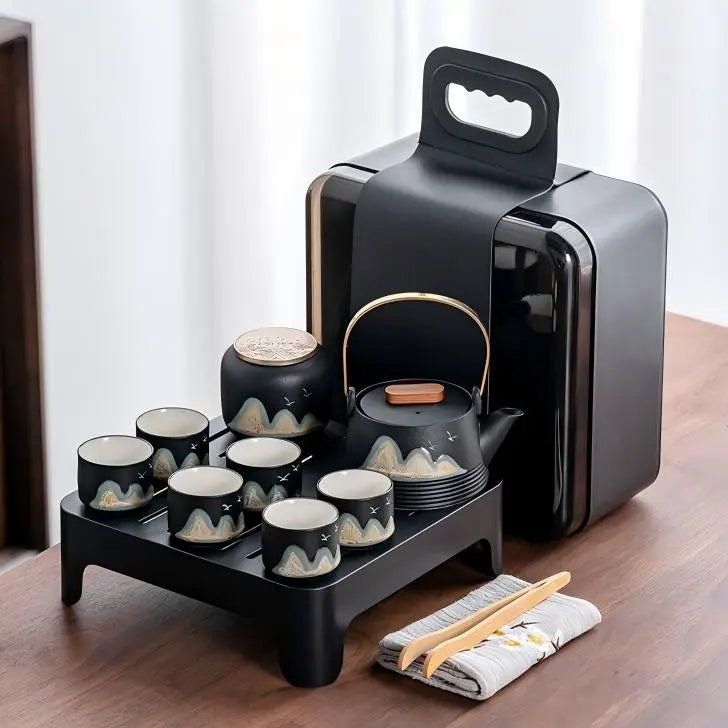 Black Ceramic Gongfu Tea Set — Complete Travel Set with Pot, Cups & Portable Storage Box