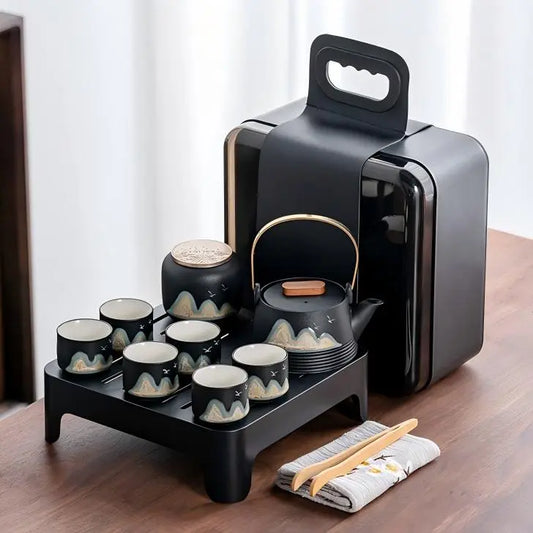 Black Ceramic Gongfu Tea Set — Complete Travel Set with Pot, Cups & Portable Storage Box