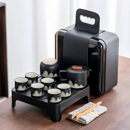 Black Ceramic Gongfu Tea Set — Complete Travel Set with Pot, Cups & Portable Storage Box