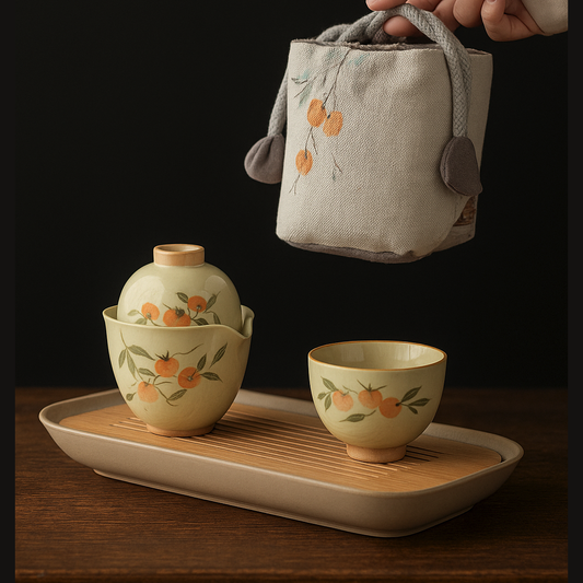 Fall Decor Vintage Travel Gaiwan Tea Set — Hand-Painted Persimmon Design, 170ml Teapot & Cotton Carry Bag
